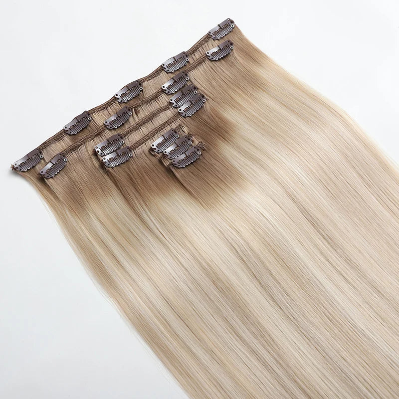 Factory Luxury Double Drawn Remy 100% Natural Virgin Raw Russian Human Hair  Invisible Seamless Clip in Hair Extension Clip Ins