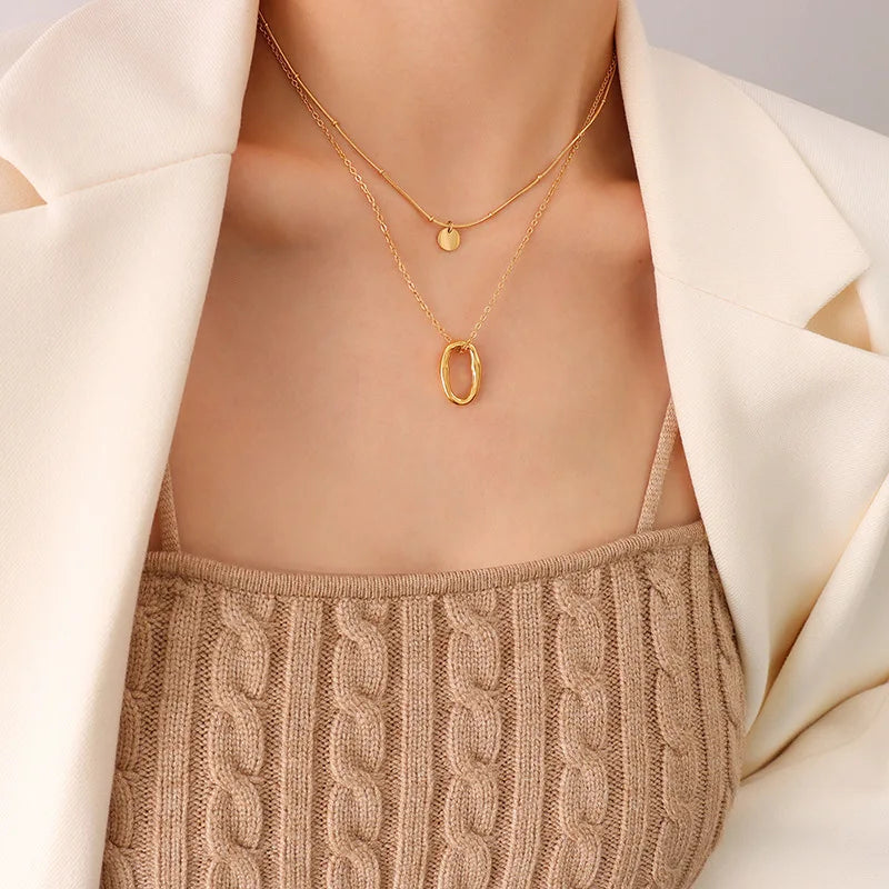 Double Layered Stacking Stainless Steel Pendant Necklace 18K Gold Plated Personality Disc Pendant Kalung Necklace for Couples