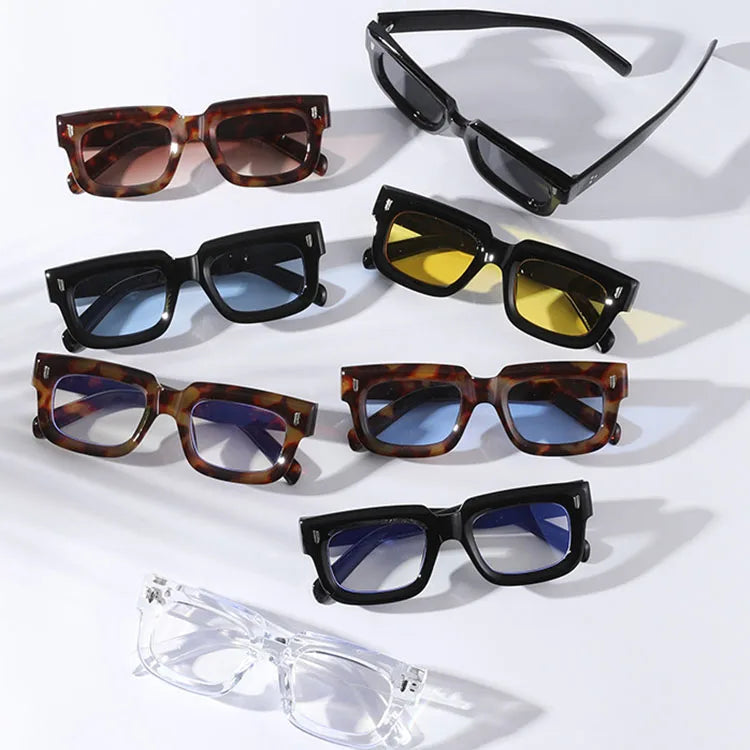 2025 New Retro Men Square Vintage Luxury Rivet Designer Sun Glasses Fashion Arrow Shades Sunglasses Blue Lens Thick Flame