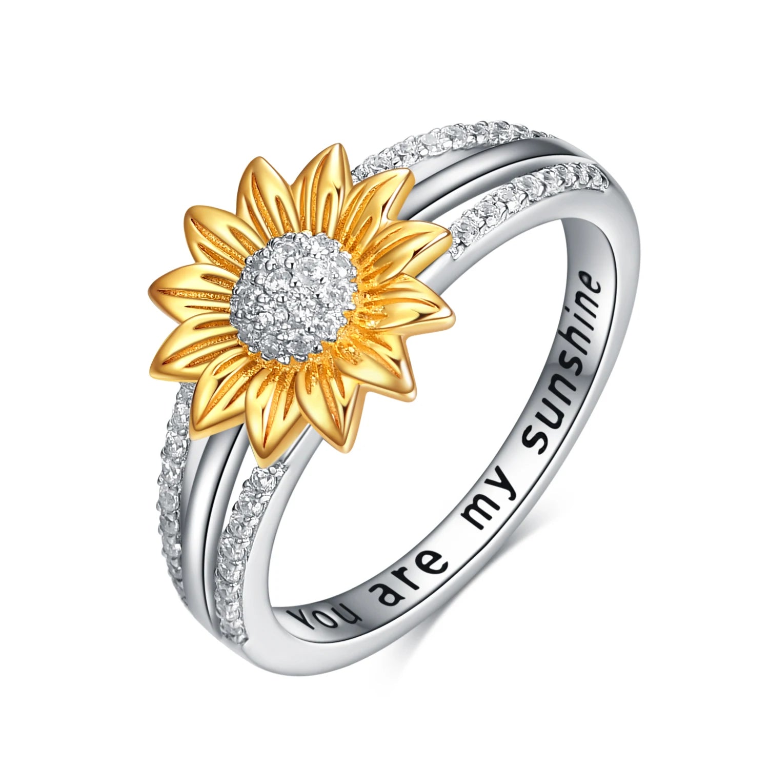 Fine Jewelry 925 Sterling Silver Cubic Zircon You Are My Sunshine Two Tone Sunflower Ring