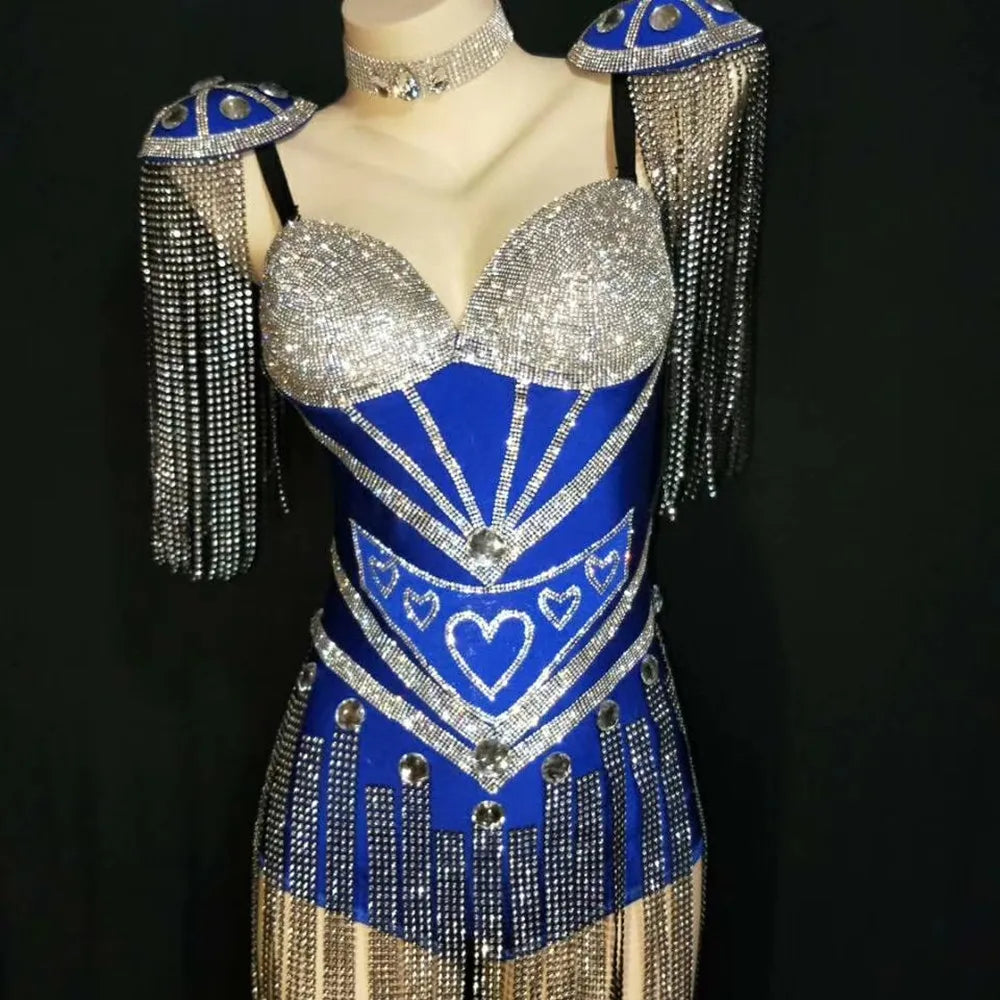 Designer Epaulettes Tassel Rhinestone Bodysuit Women Fringes Leotard Festival Exotic Dancewear Plus Size Club Party Playsuits