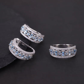 W0383 Custom Jewelry Wholesale Rhodium Plated S925 Silver Swiss Blue Topaz Luxury Cluster Designs Light Blue Jewelry Set