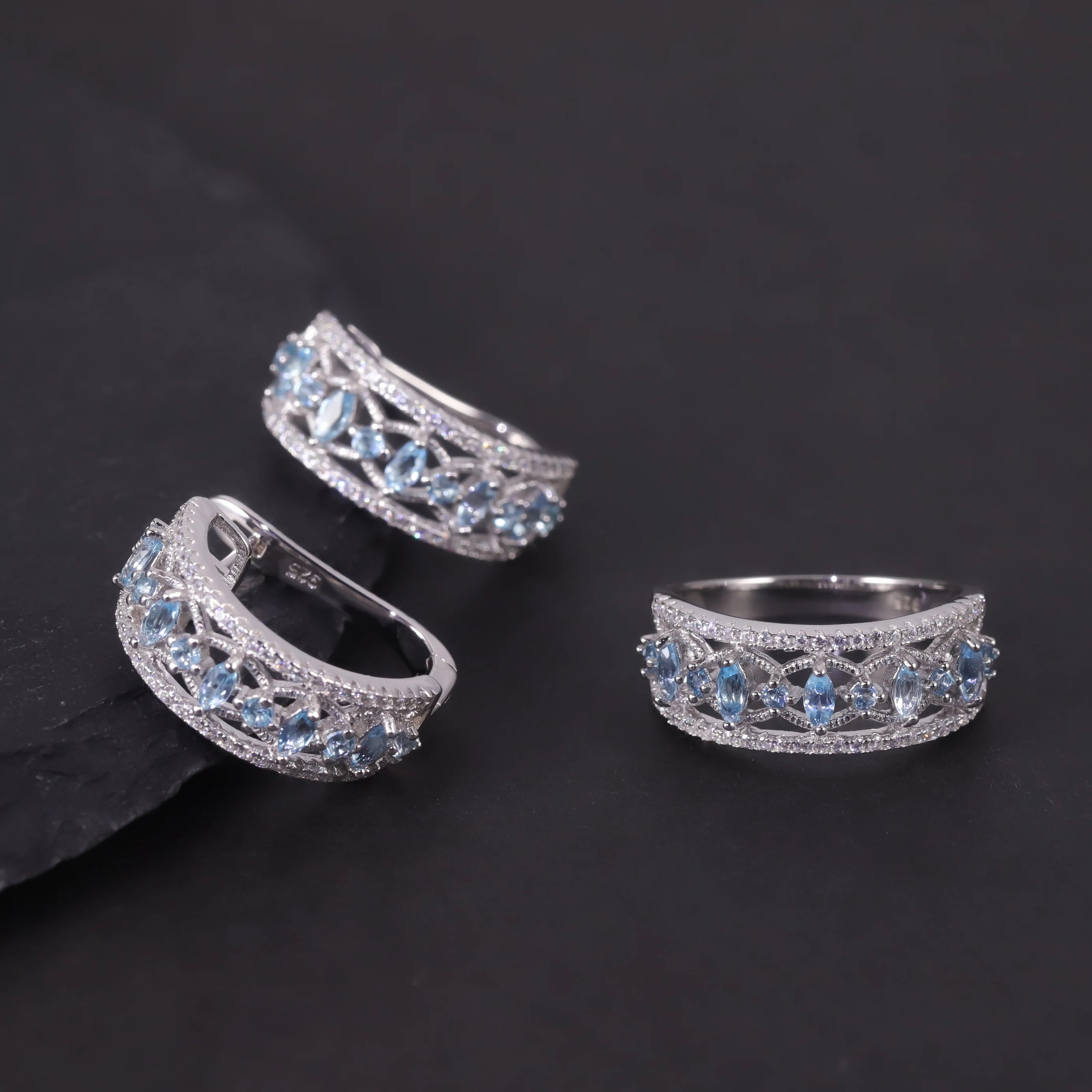 W0383 Custom Jewelry Wholesale Rhodium Plated S925 Silver Swiss Blue Topaz Luxury Cluster Designs Light Blue Jewelry Set