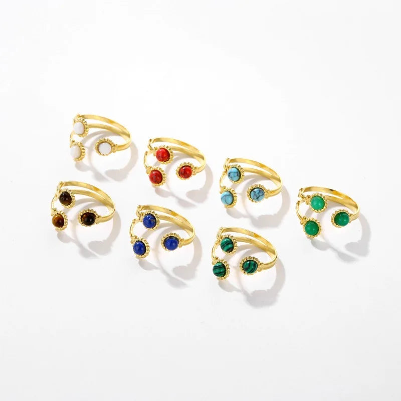 BINSHUO Bohemia Open Adjustable Natural Turquoise Ring Colorful Stone Finger Rings Women Stainless Steel Vintage Ring Jewelry