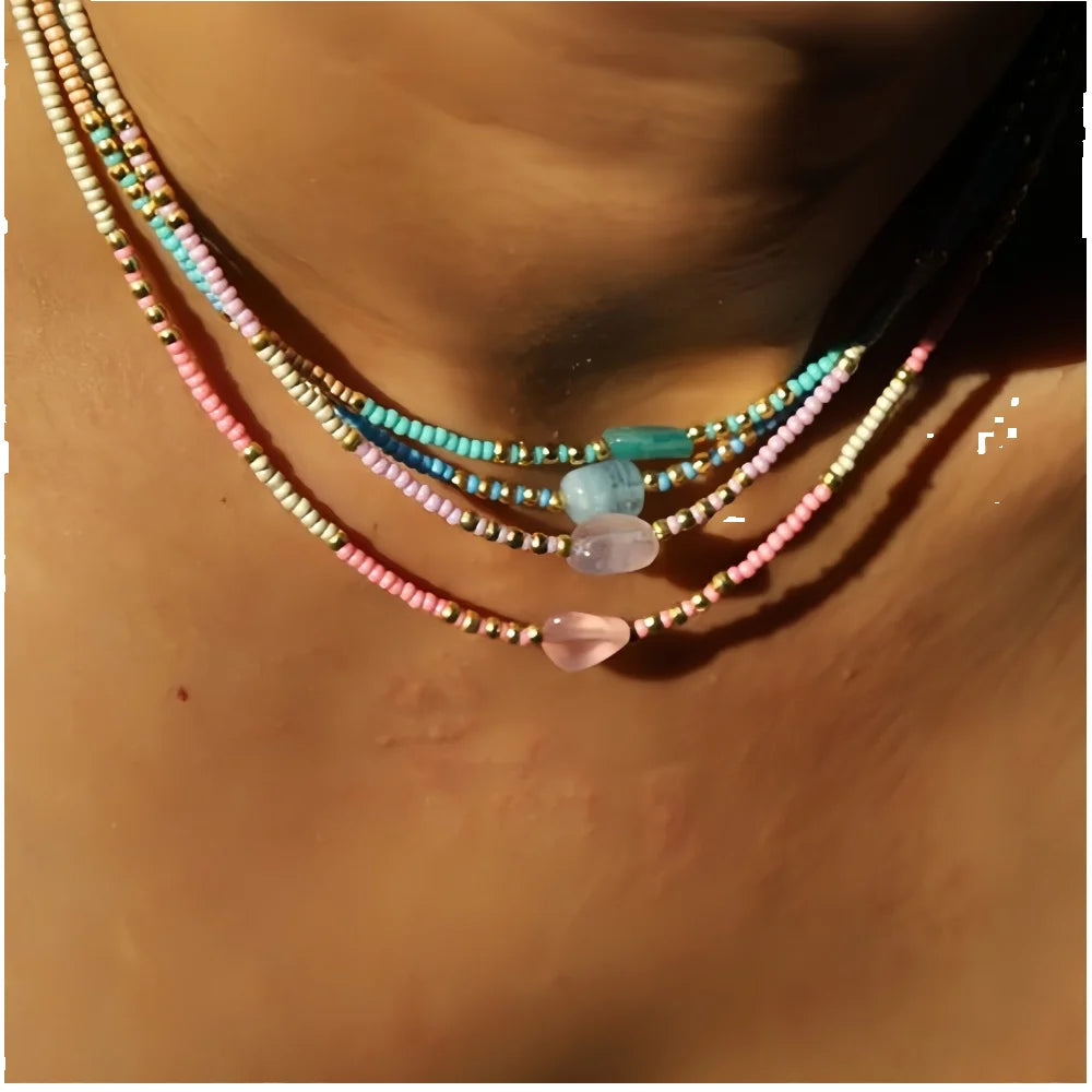 Go2boho Colorful Beaded Gemstone Necklace Bohemian Rainbow Healing Crystal Choker Jewelry Gift for Women Summer Holiday