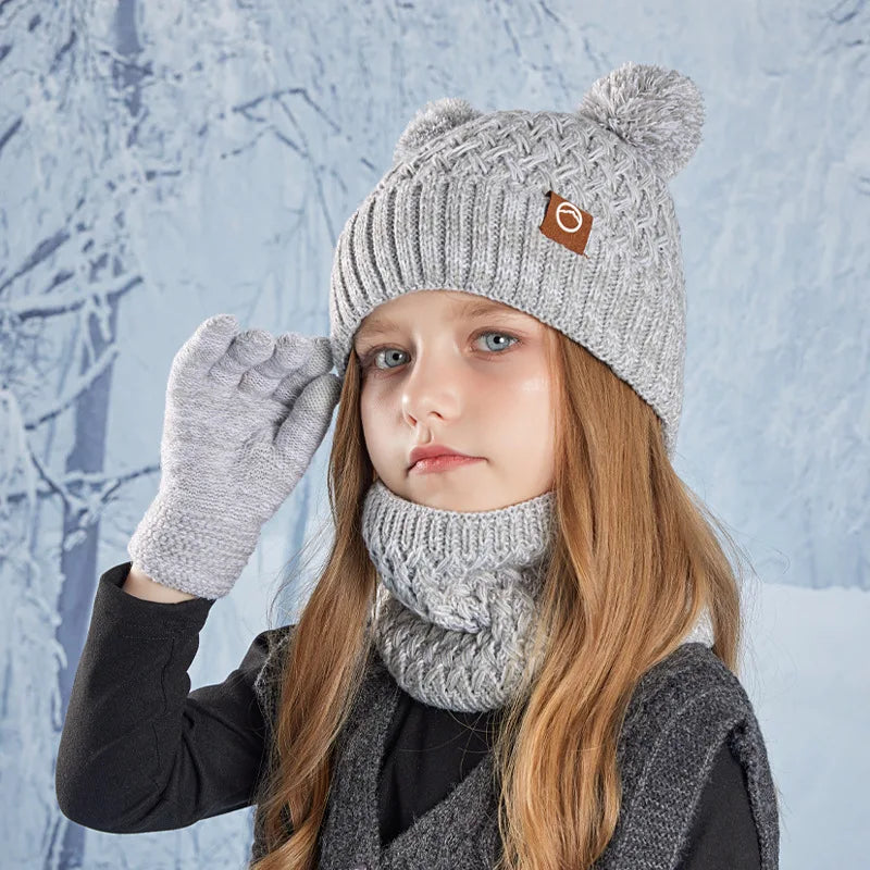Children's Outdoor Warm Hat Set Cute Bear Knit Beanie and Gloves Set with Fleece Ear Flaps for Boys and Girls