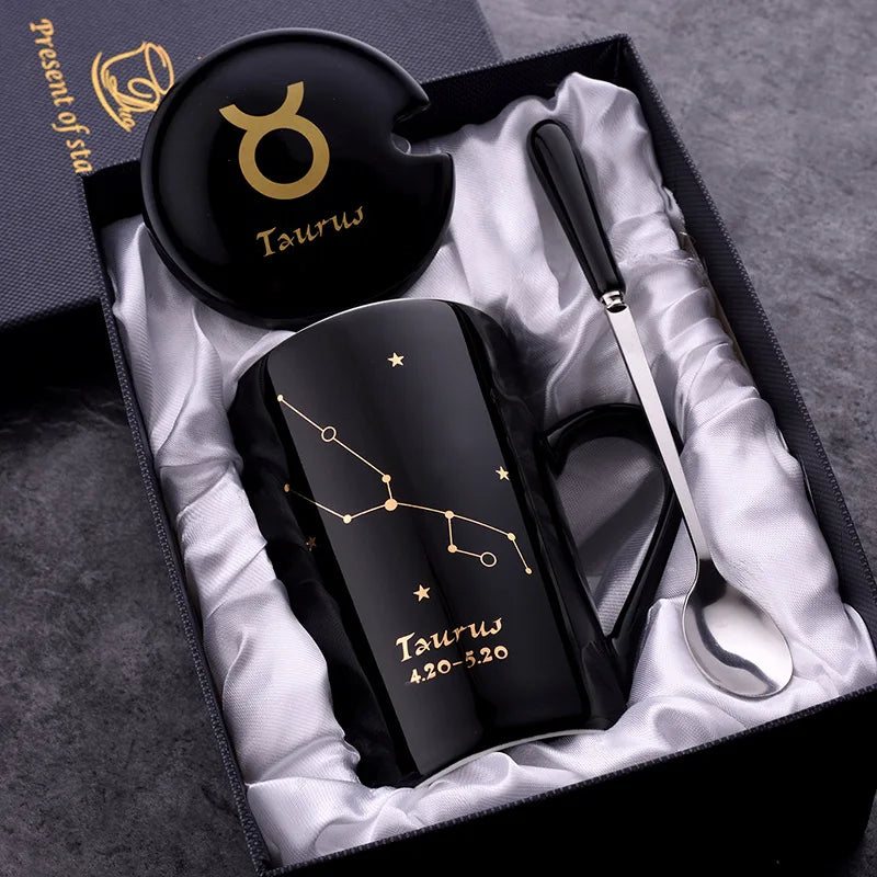 Ceramic 12 Horoscope Mug with Spoon Cover Gift  Students Black Cup