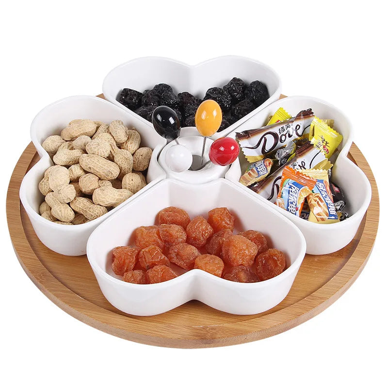Customized Shape 5 Girds Bamboo Snack Dessert Tableware Serving Platter for Party