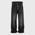 Street Fashion Vintage Washed Unisex Straight Jeans Wave Pattern Multi Button Design Black Flare Jeans for Men