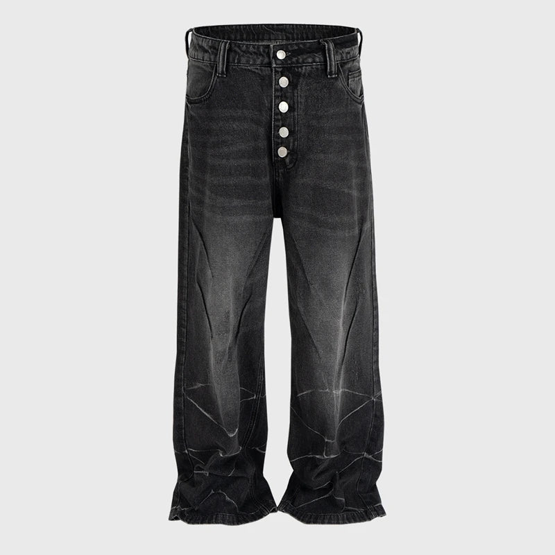 Street Fashion Vintage Washed Unisex Straight Jeans Wave Pattern Multi Button Design Black Flare Jeans for Men