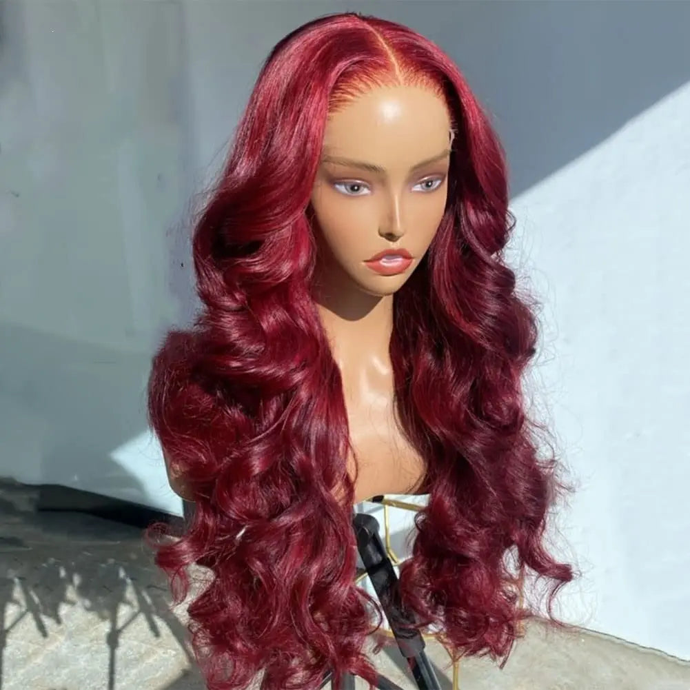 Wholesale 99j Burgundy Body Wave Synthetic Colored Wigs 13x4 Lace Frontal Pre Plucked for Black Women