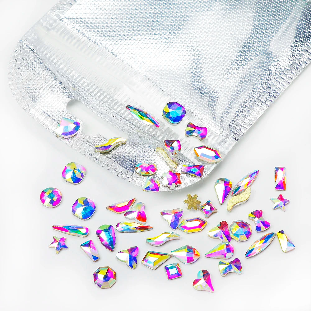Pujiang  Non Hot Fix Various Shape Crystal AB  100pcs Nail Art Rhinestones Glitter  Flat Back Rhinestones