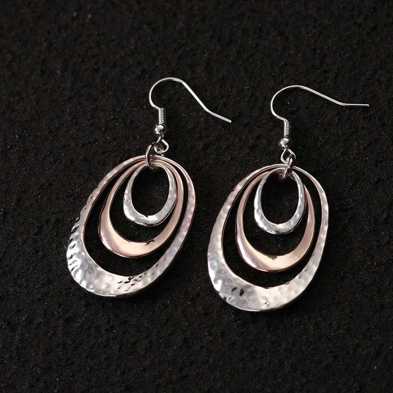 TongLing Two Tone Minimalist Hook Handmade Dangle Earrings Hammered Circle Drop Earrings for Gift
