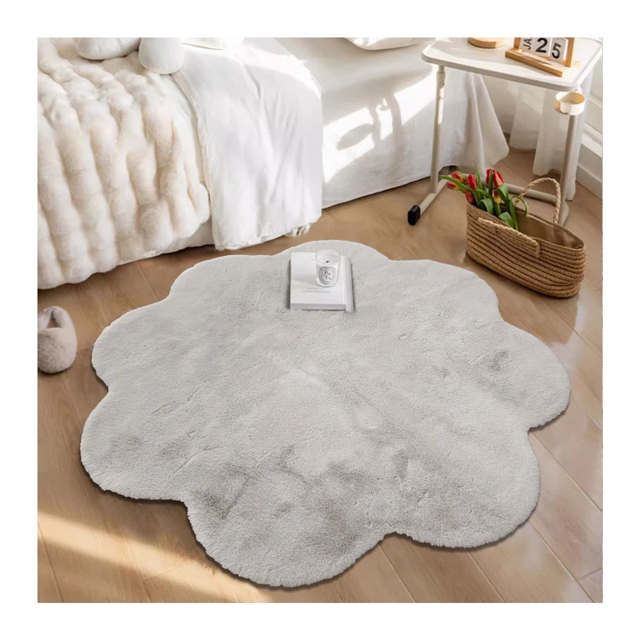 Wholesale Luxury Modern Flower Shape Floor Washable Area Rug Faux Rabbit Fur Plush Fluffy Carpet for Living Room Bedroom
