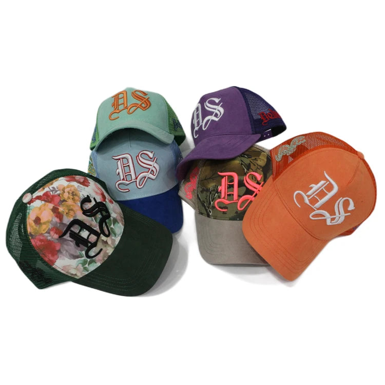 Suede Caps Suppliers Wholesale Suede Cap with Mesh Unisex 5 Panel Two Tone Plain Suede Trucker Hat Custom 3D Embroidery Logo