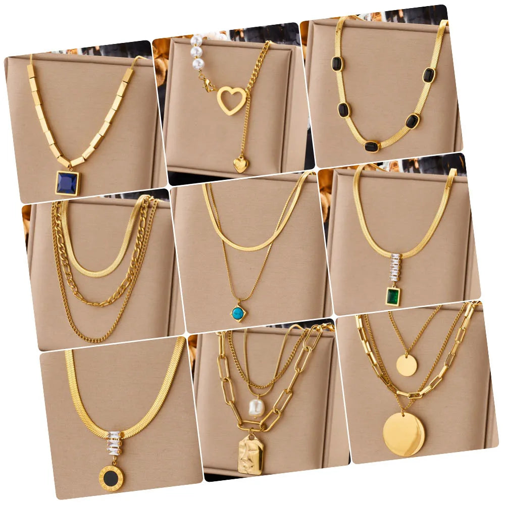 Trendy Women Jewelry Multilayer Flat Chain Necklaces 18k Gold Plated Stainless Steel Snake Chain Necklace with Pendant