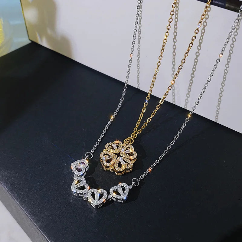 Four Leaf Clover/Heart-shaped Two-ways Wearing Pendant Necklace Silver Ice Out Cubic Zircon Magnetic Charm Necklace