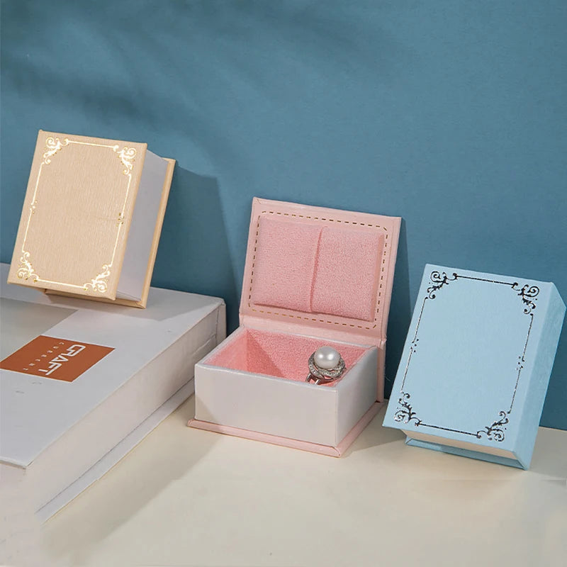 Jewelry Box Custom logo Book Style Paper Velvet Storage Necklace Bracelets Jewelry Gift Packaging Wedding Ring Boxes