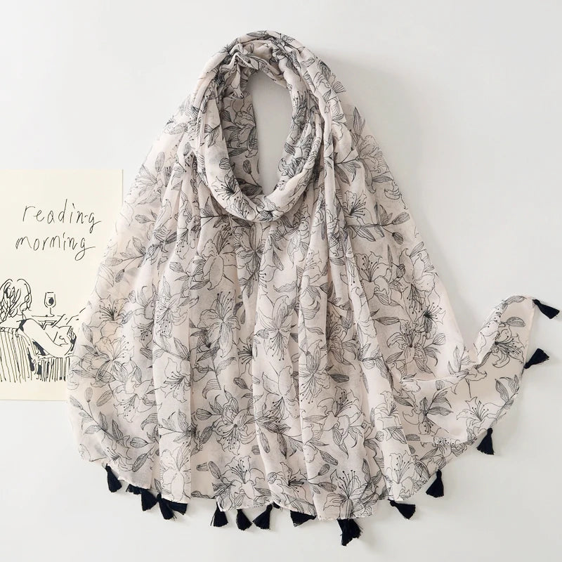 Newest Stylish Design Spring Summer Lightweight Breathable Polyester Voile Flower Printed Shawl Women Soft Floral Scarves