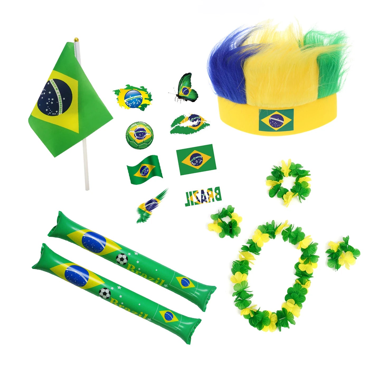 Brazil Cheering World Football Fans Wig Caps Brazil Soccer Hand Flag Brazil Football Tattoo Sticker Wreath Cheer Stick