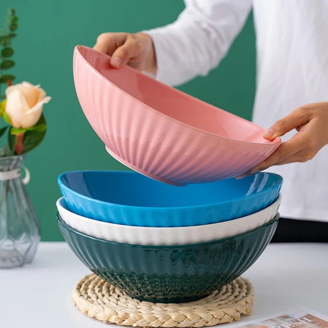 Wholesale Ceramic 10 Inch Embossment Design Porcelain Big Mixing Fruit Salad Bowl for Serving Food Bowls Restaurant