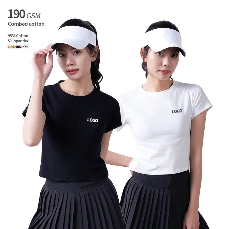 Women's 190 GSM 95% Cotton 5% Spandex Crop Tops Solid Color Elasticity Waist-Baring Custom Logo T-Shirts Summer Knitted Plain