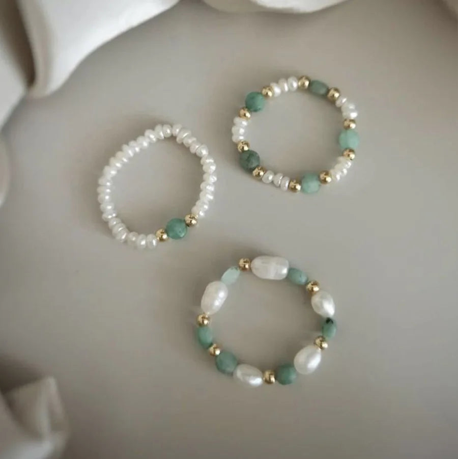 Customized Bohemia Beaded Rings 18K Gold Beads Natural Stones Freshwater Pearls Beaded Rings