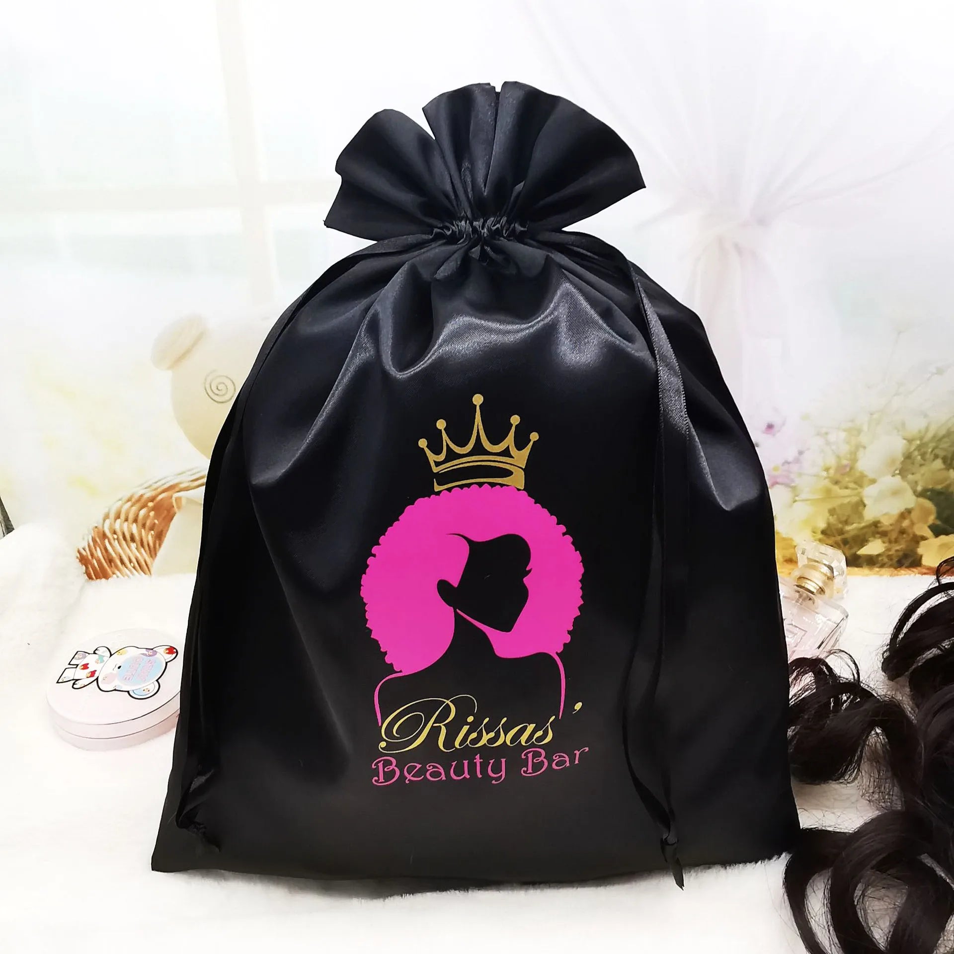 Luxury Wedding Packaging Satin Bags With Logo for Hair Bundles Drawstring Dust Bag Custom Jewelry Pouch