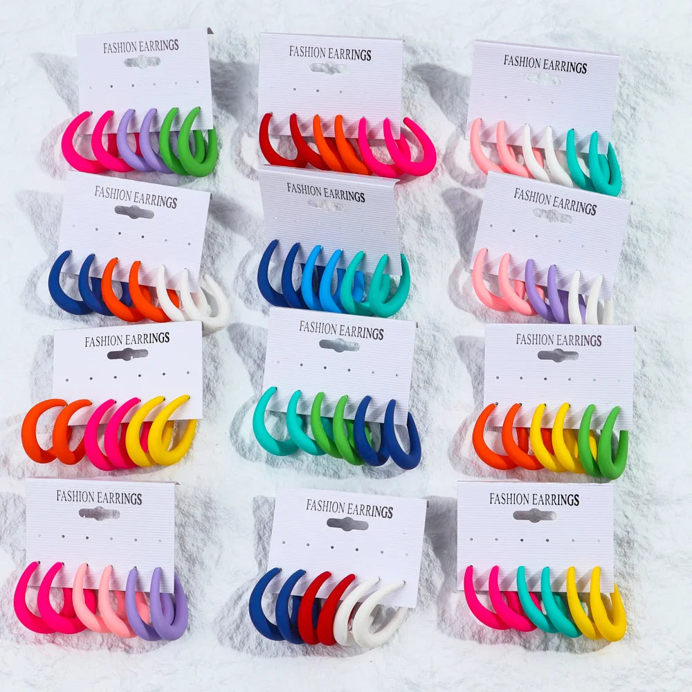 2025 Yiwu Factory Price Hot Selling Candy Color Matte Cute Earring 3 Pairs/set Handmade Jewelry Hoop Earring Set for Women