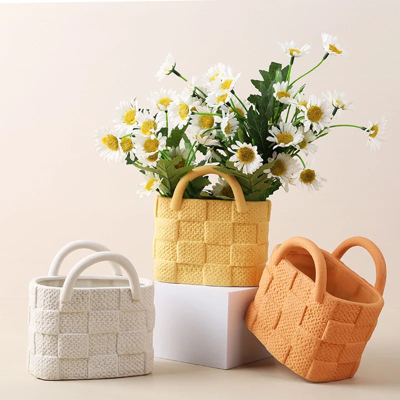Modern Simple Ceramic Handbag Vase Small Tabletop Ornament with Fleshy Plants Lovely Balcony & Bathroom Decorations