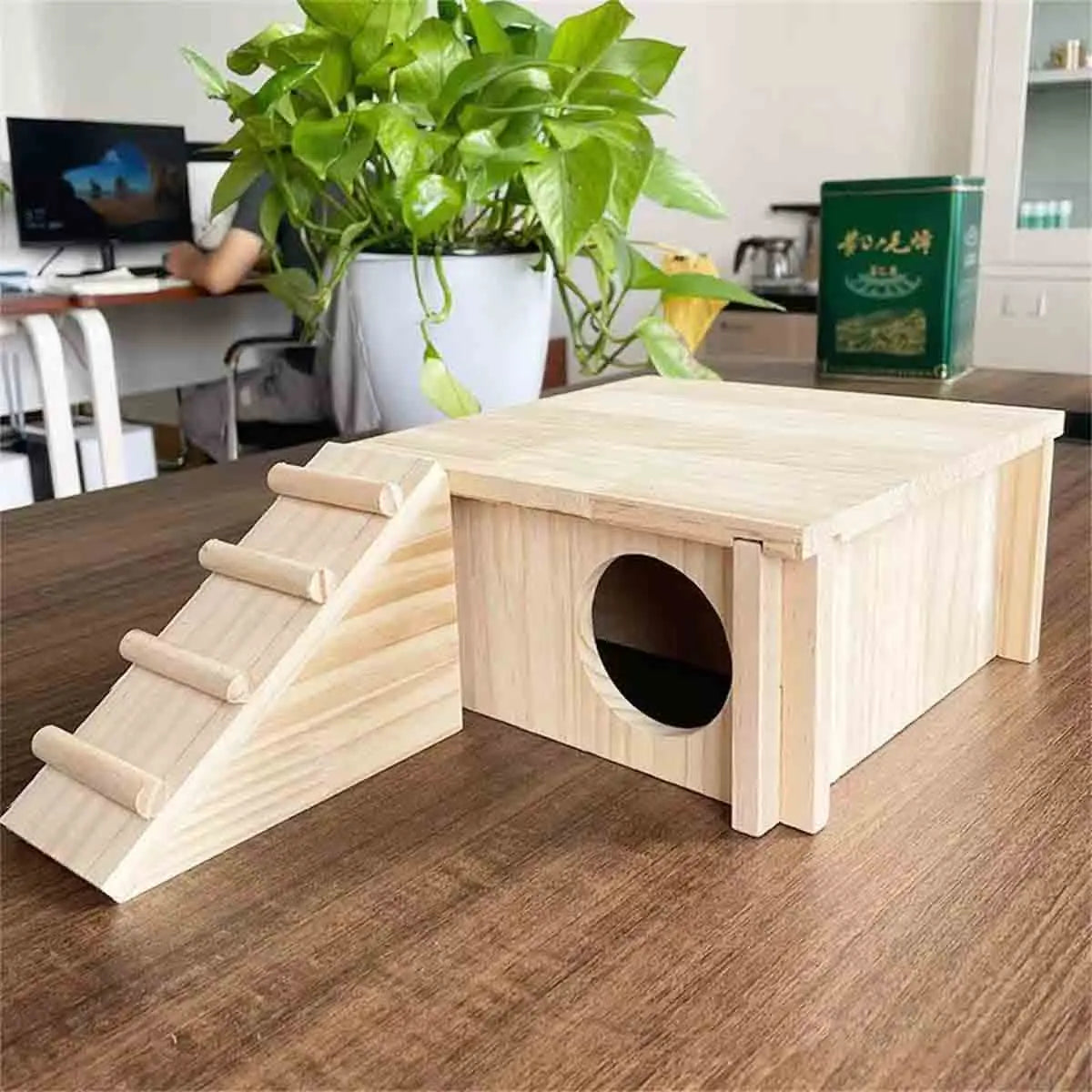 Hamster House and Hideout Wooden Hamster Tunnel Exploration Toy with Ladder