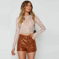 China Fangxin Popular High Waist Ladies Shorts for Summer XS-2XL Brown PU Leather Shorts Women