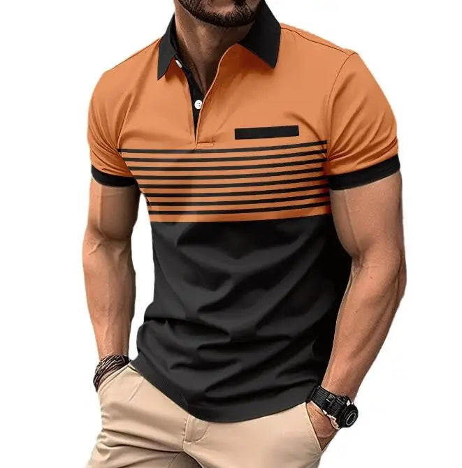 Men's Casual POLO Shirt Button Down Printed Color Blocking Striped T-shirt Wholesale Price