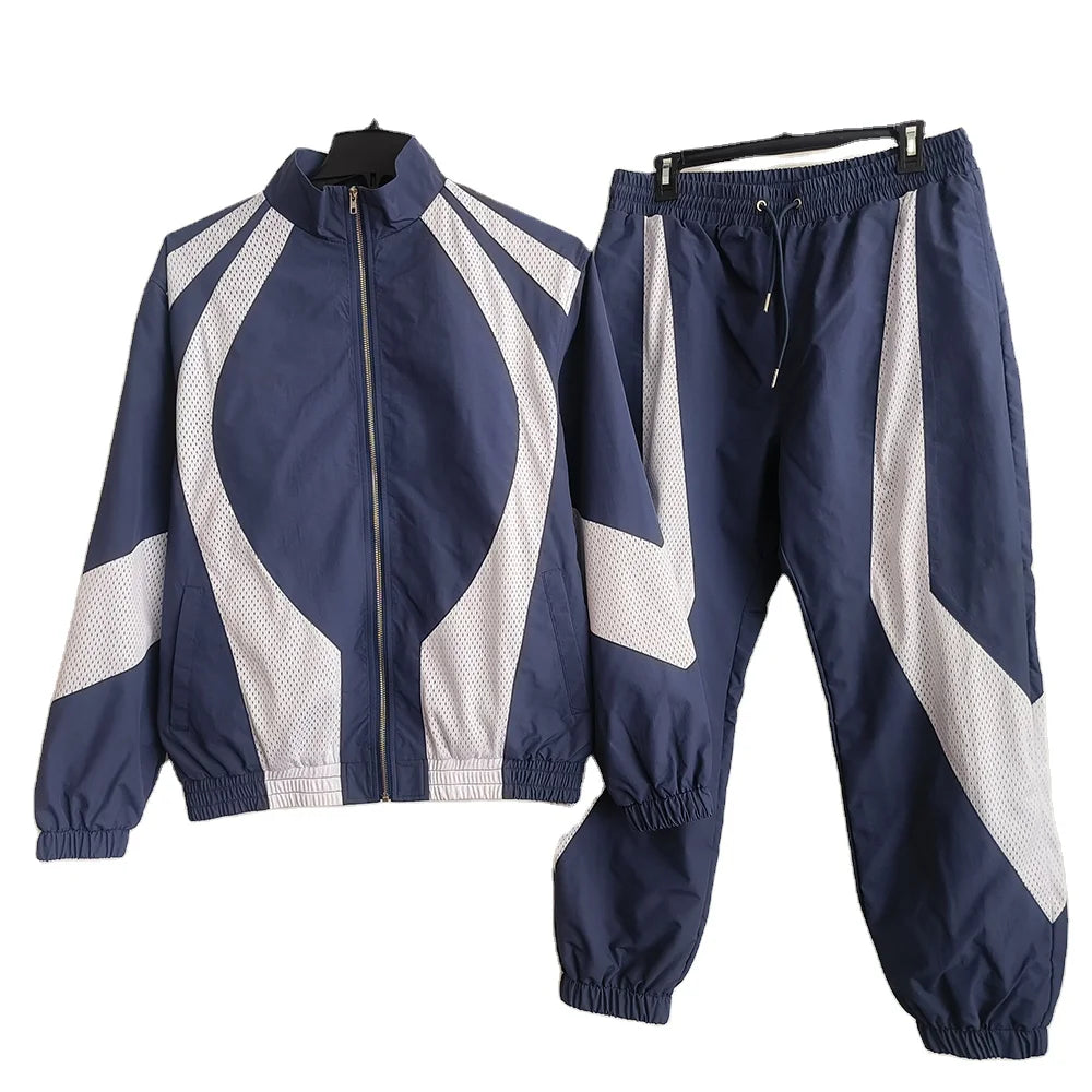 Custom Men's Mesh Patchwork Tracksuit | Plus Size Windproof Breathable Nylon Sport Set | Eco-Friendly Full Length Activewear