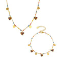 18K Gold Plated Stainless Steel Heart Zircon Pendant Coloured Bead Necklace Enamel Bead Chain Necklace Bracelet Set