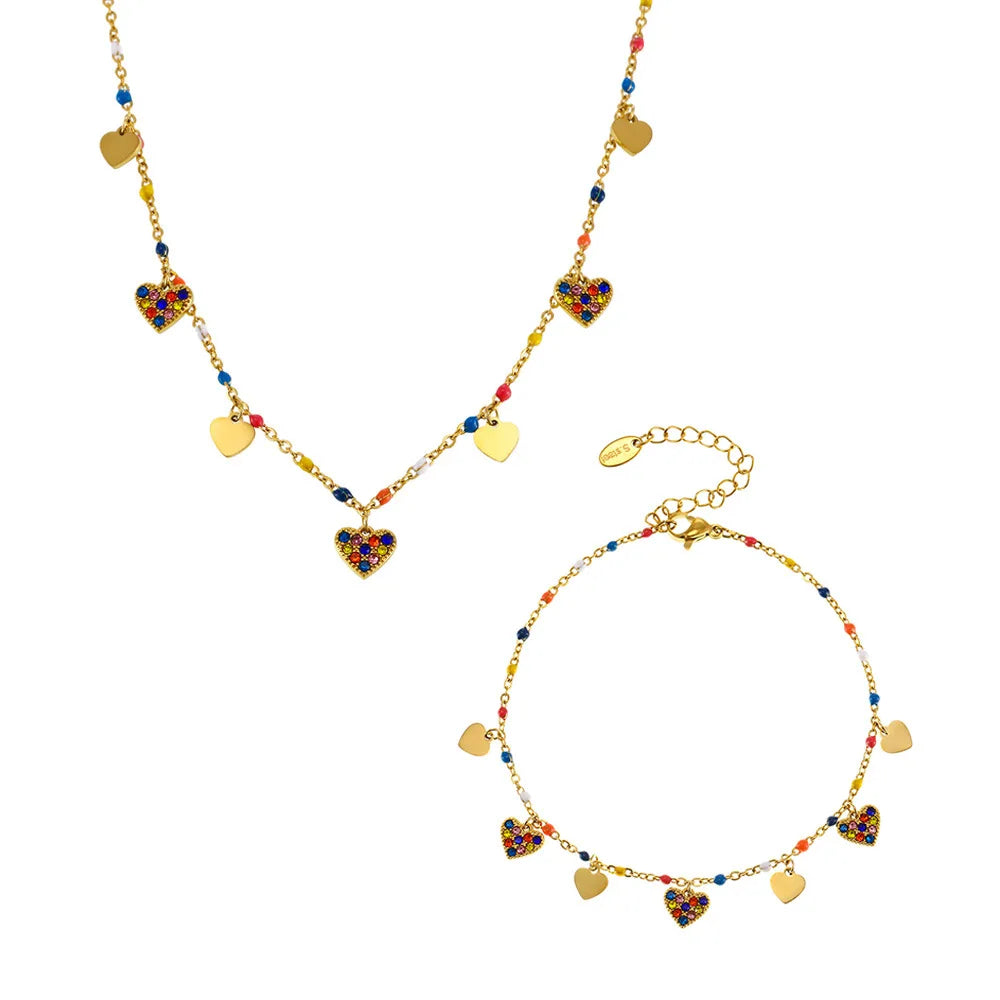 18K Gold Plated Stainless Steel Heart Zircon Pendant Coloured Bead Necklace Enamel Bead Chain Necklace Bracelet Set