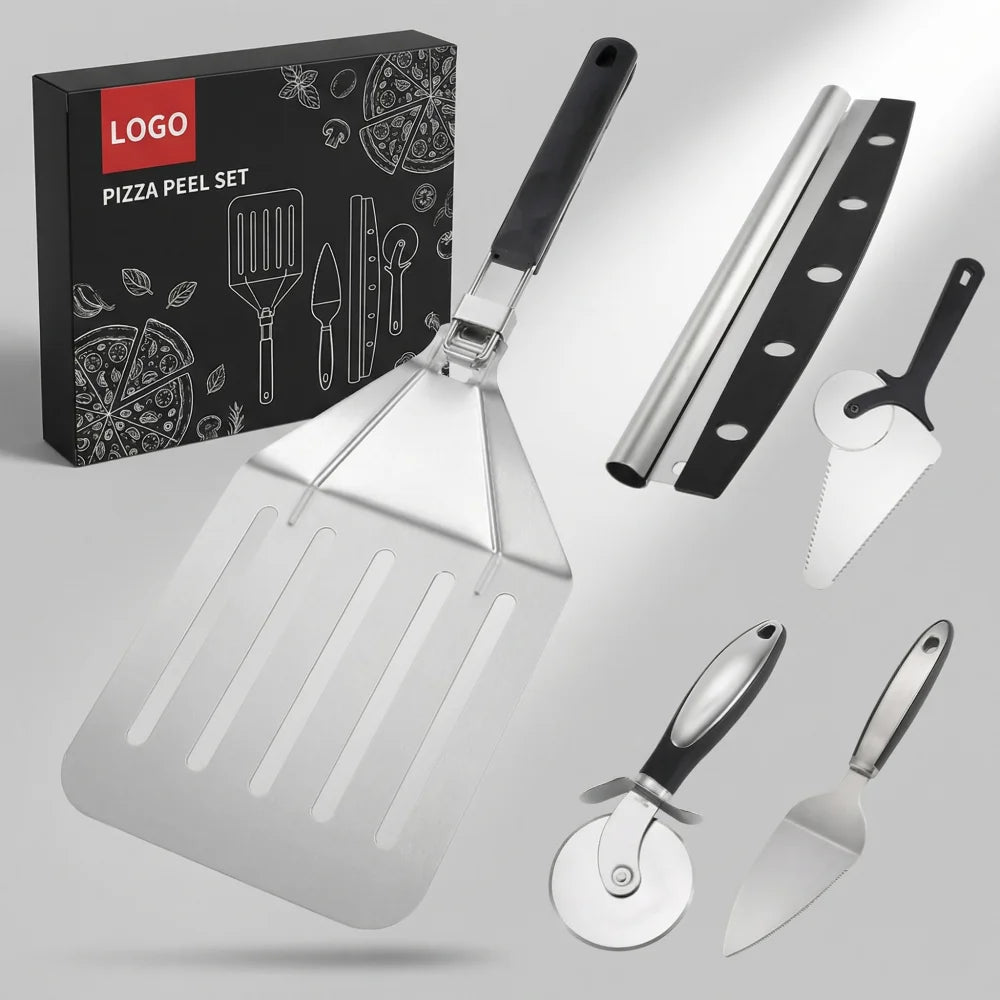 Manjia Pizza Shovel Paddle Baking Tools Pizza Peel Set Pizza Wheel Cutter Metal Steel Pizza Spatula Set With Rocker Cutter