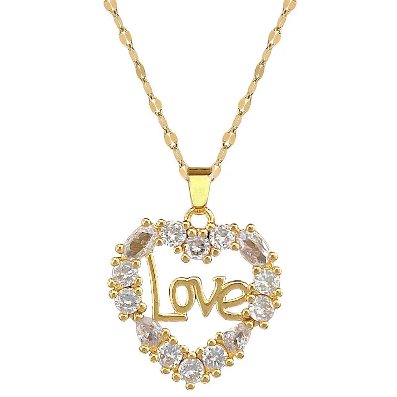 Fashion Gold Plated Stainless Steel Women Valentine's Day Gift Zircon Love Letter Heart Pendant Necklace Jewelry