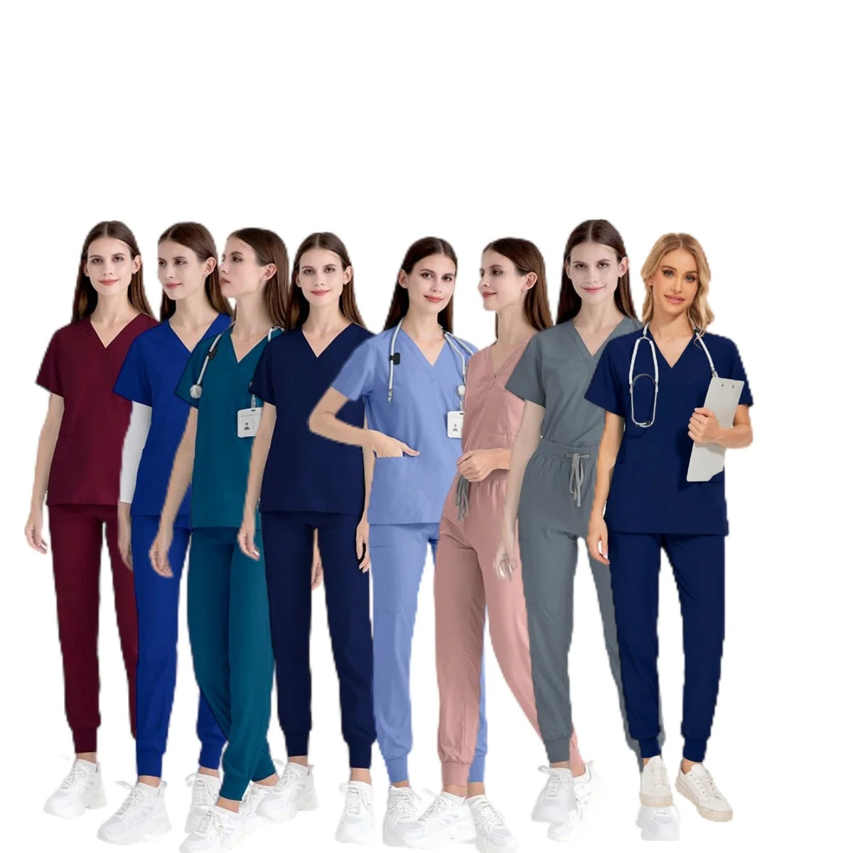 42109 in Stock Jogger Pants v Neck Lady Medical Scrub Nursing Kit Set Nurse Access Nursing Notes Uniforms