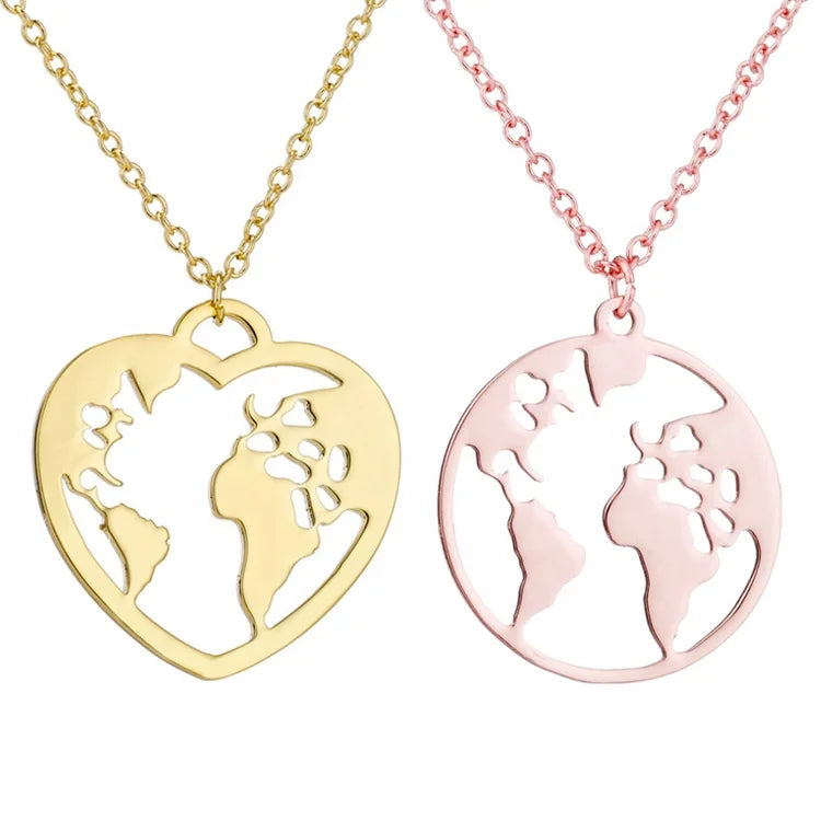 Dainty Non Tarnish Silver 18K Gold Plated Stainless Steel Round Heart Shaped World Map Pendant Necklace Jewelry for Women