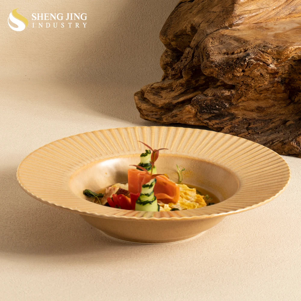 Europe Pottery Hotel Embossed Brown Ceramic Glaze Tableware Restaurant Wedding Dishes Porcelain Salad Bowl Pasta Soup Plate