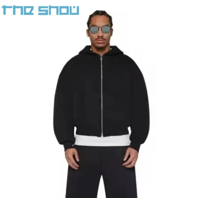 Wholesale Streetwear Drop Shoulder Custom  500 Gsm 600 Gsm Zip up Hoodies 100% Cotton Heavyweight Boxy Fit Double Hoodie Men