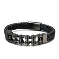 KALEN Stainless Steel Bikecle Splice Cowhide Weave Bracelet Men