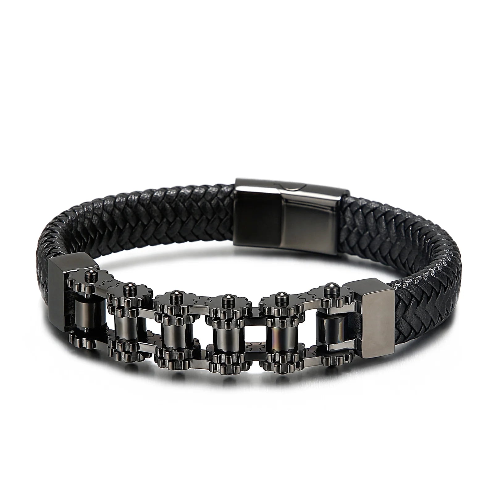 KALEN Stainless Steel Bikecle Splice Cowhide Weave Bracelet Men