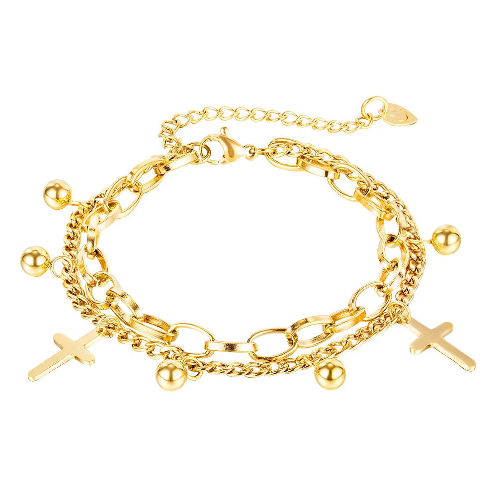Bulk Popular Women Stainless Steel Gold Cross Charm Bracelet