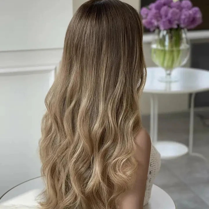 Russian Human Hair Lace Top Wigs 200% Density Brown Highlight Blonde Balayage Loose Wave European Remy Hair Wig for Women