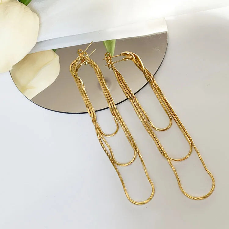 EM1316 Fashion Bohemia 18k  Plated Long Triple Snake Chain Tassel Earrings
