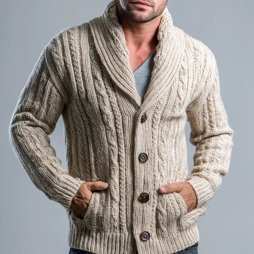 Wholesale Custom Men's Classic Cable-Knit Shawl Collar Cardigan Sweater Fashionable Hot Selling Knitwear Button for Winter