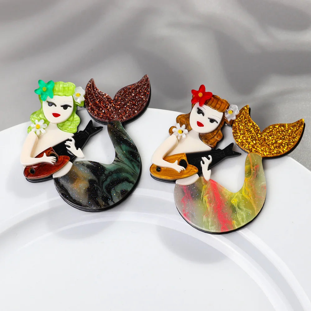 Fairy Tale Cute Cartoon Mermaid Fish Lute Gold Glitter Fishtail Marble Flower Mermaid Princess Pin Acrylic Brooch Gifts BFF