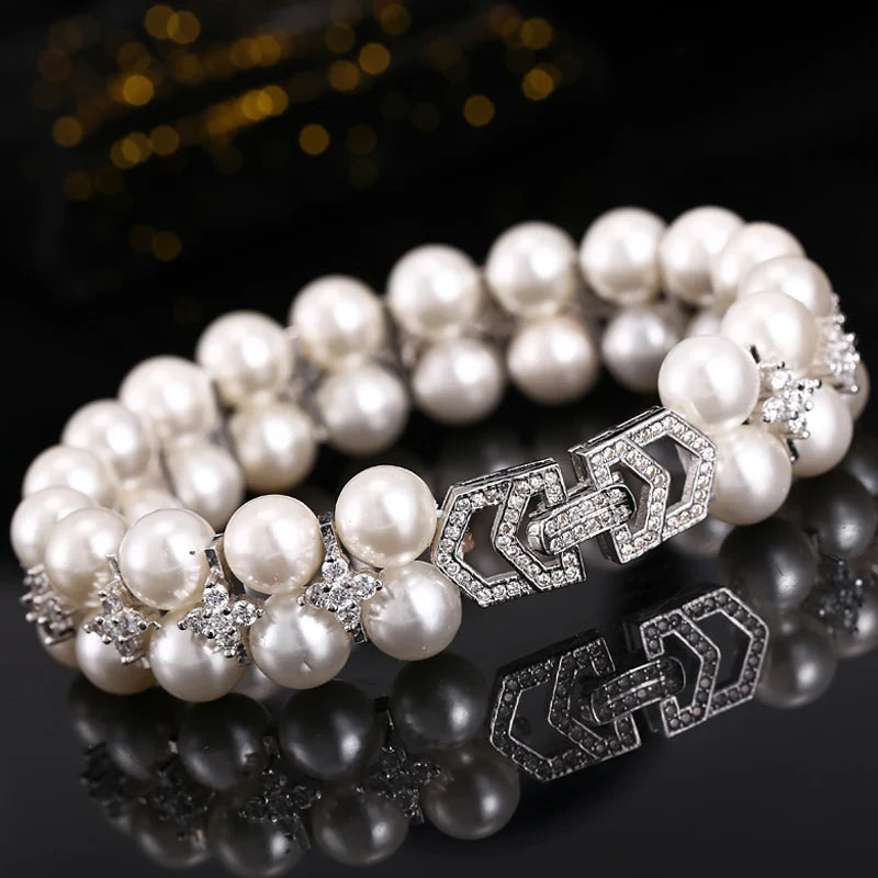 High Quality Cubic Zirconia Dual Row Big Round White Imitation Pearl Bracelet CZ Wedding Bridal Bracelet Jewelry for Women Party